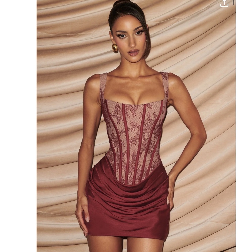 Babyboo Cornelia Mini Dress Burgundy Lace Corset Draped Satin Red Small Corset